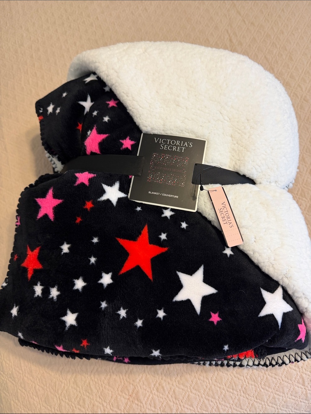 Victoria's Secret Black Star Sherpa Throw with Red, Pink & White Stars